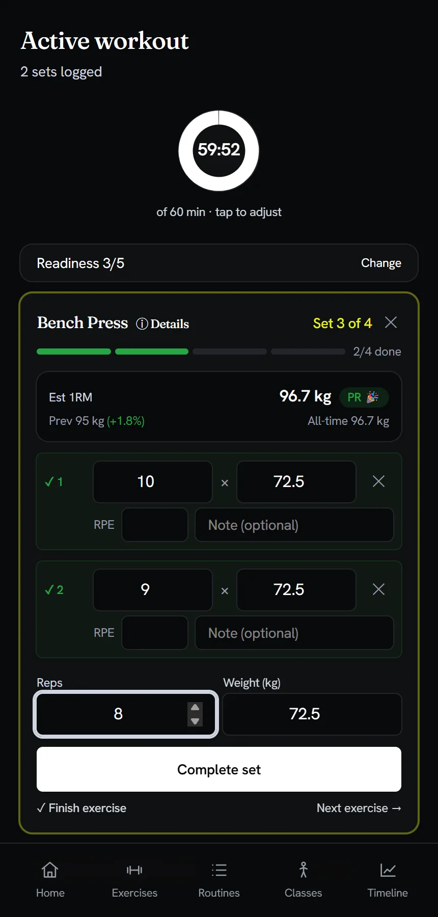 Active workout screen: Bench Press, set 3 of 4, with an estimated one-rep max of 96.7 kg and a PR badge