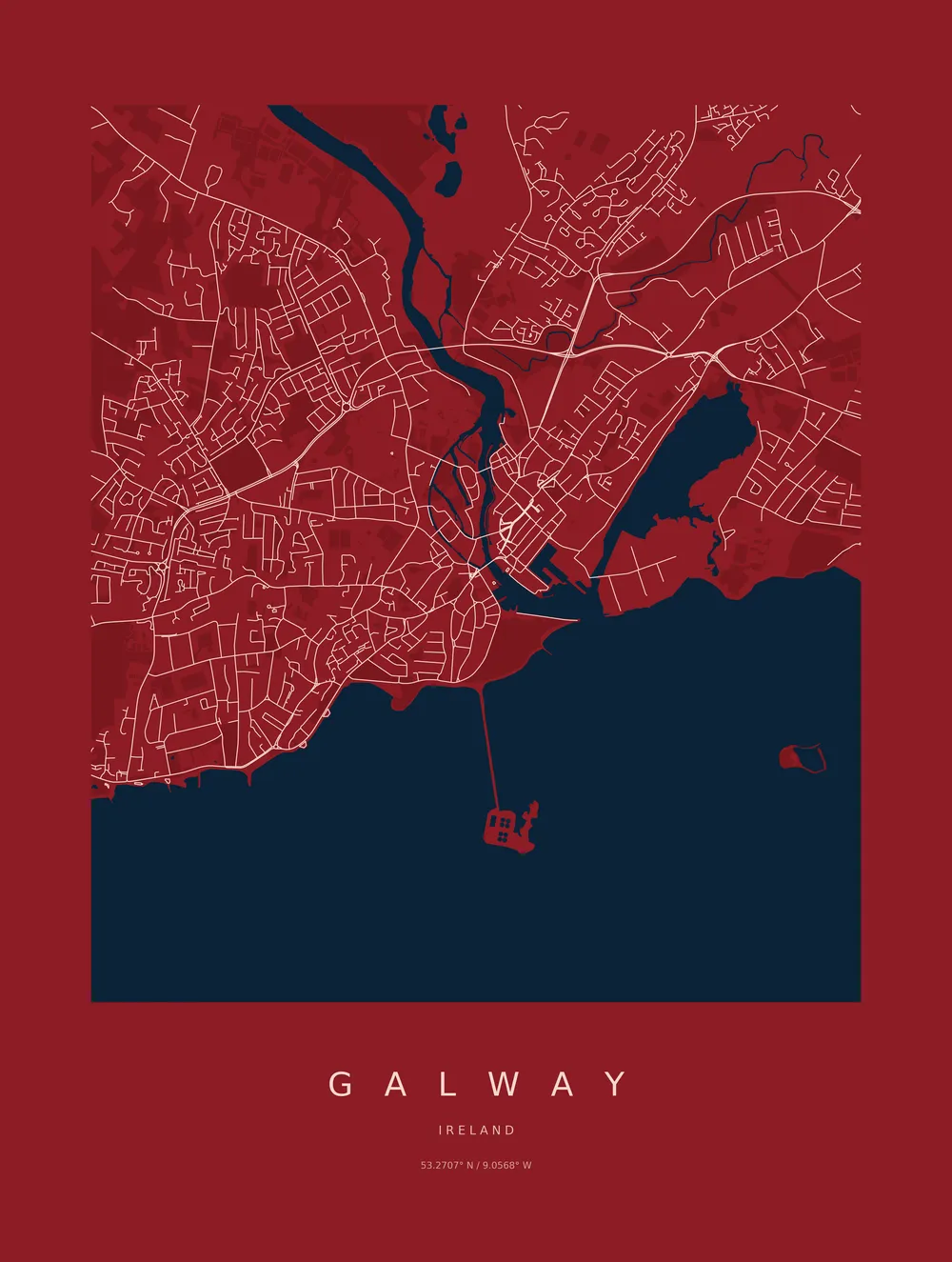 A Galway map poster in claret and blush with the sea in deep blue, titled GALWAY, IRELAND, with coordinates beneath