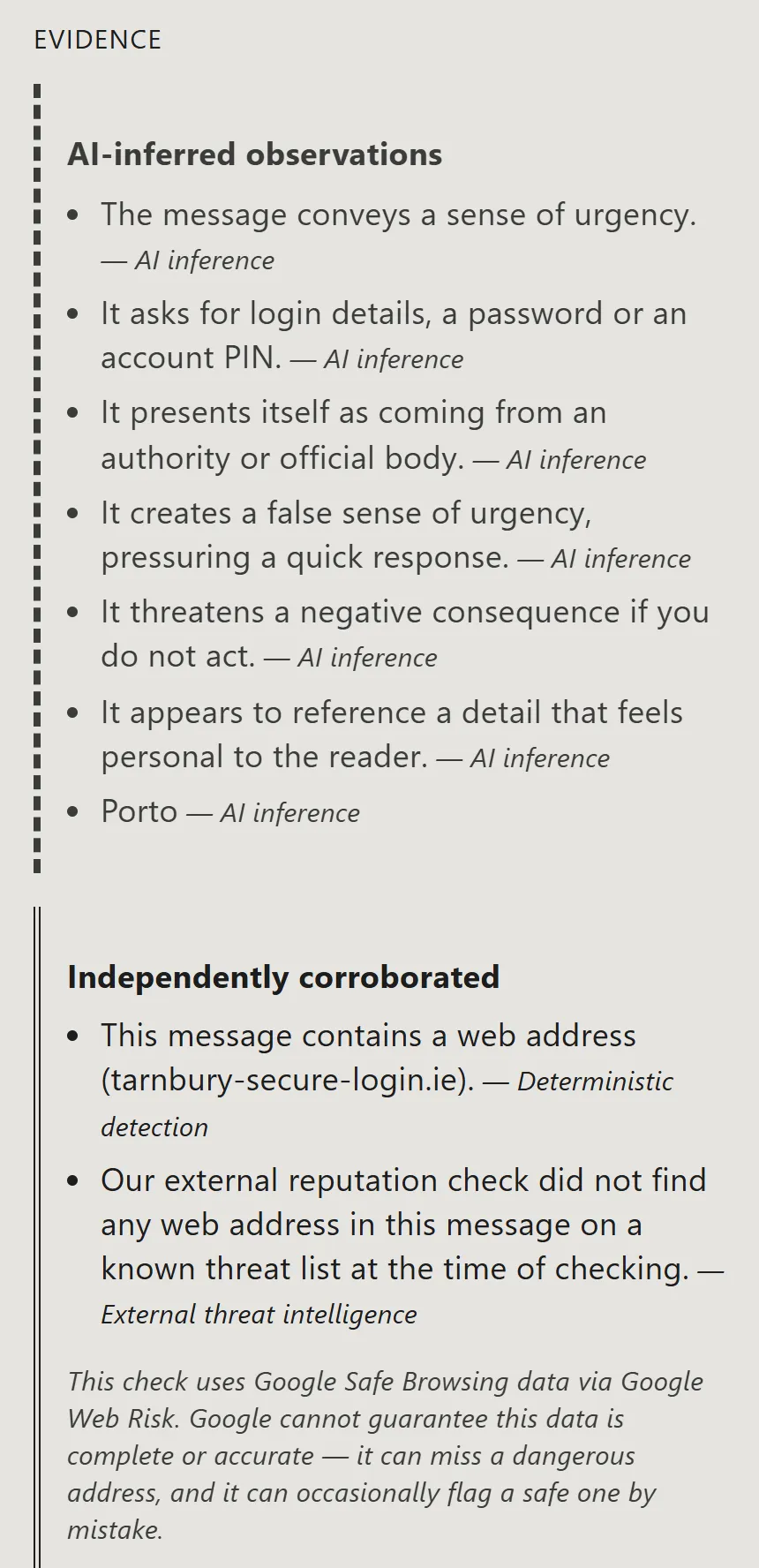 The evidence section: AI-inferred observations in a dashed grey panel, then independently corroborated items from deterministic detection and an external threat list