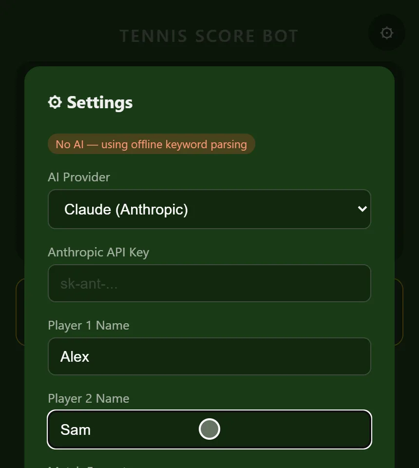 Settings panel: an offline keyword parsing badge, an AI provider choice, an empty API key field, and player name fields filled with Alex and Sam