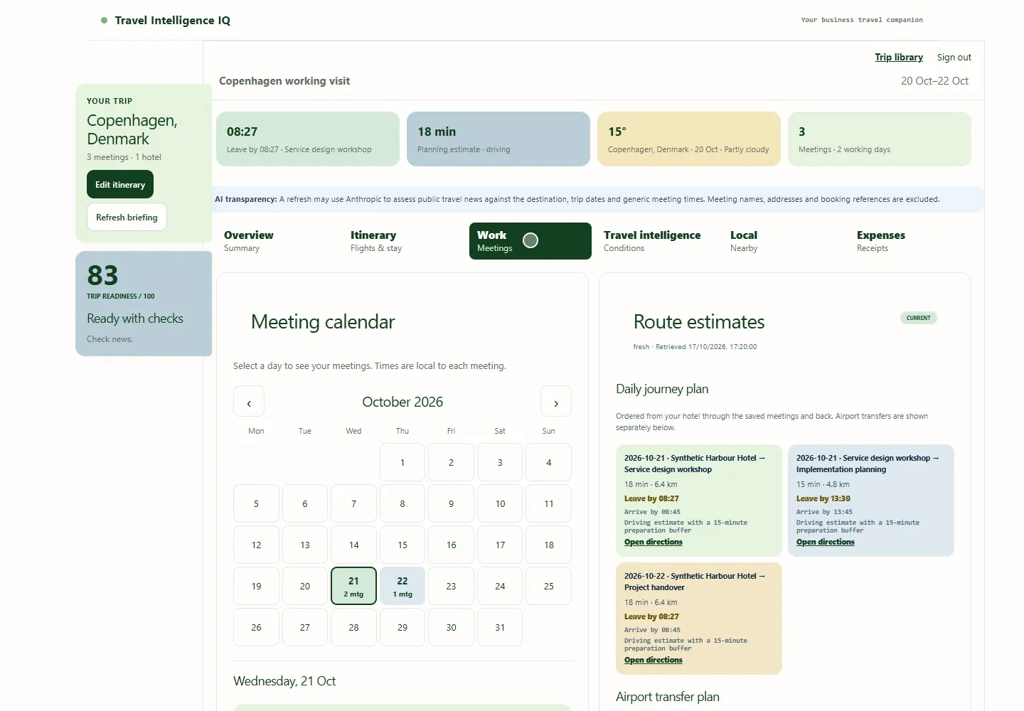 Meeting calendar beside a daily journey plan with leave-by times and route estimates