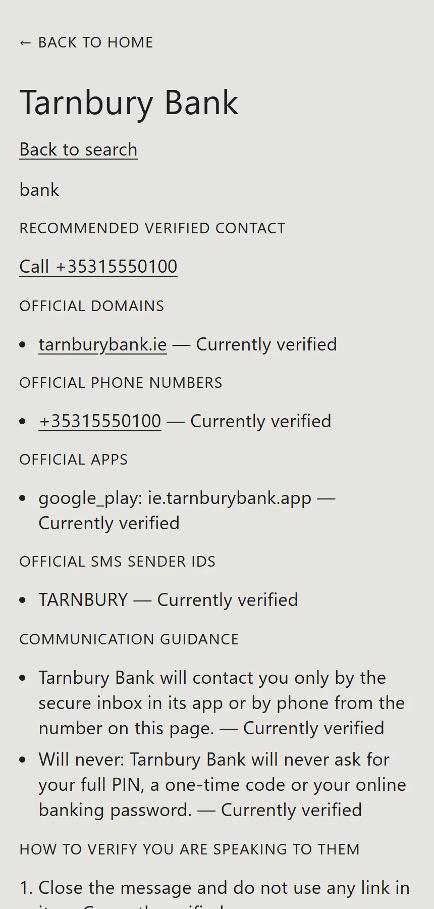 A verified directory entry for the invented Tarnbury Bank with its official domain, phone number, app, SMS sender name, guidance and verification steps
