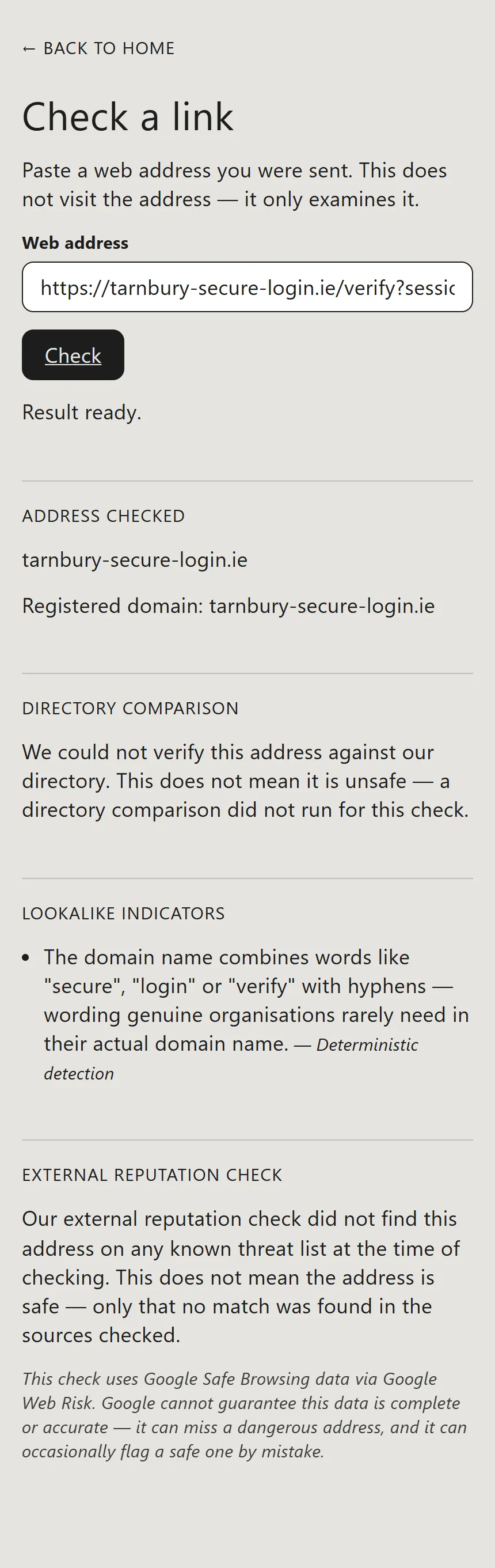 The link check for an invented address with the lookalike indicator that the domain combines words like secure, login or verify with hyphens