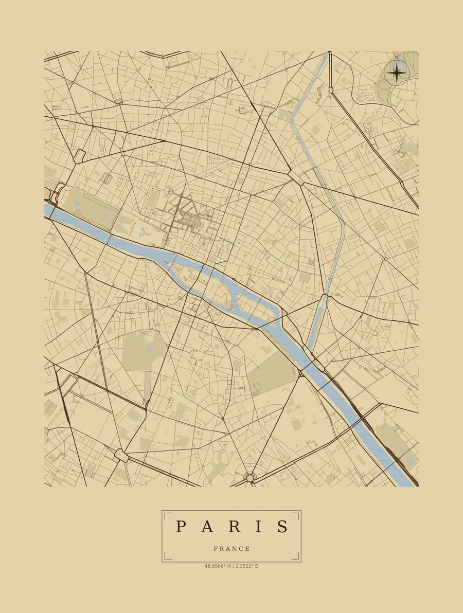 A Paris poster in the Ancient Map theme: parchment ground, engraved sepia streets, the Seine and a compass rose