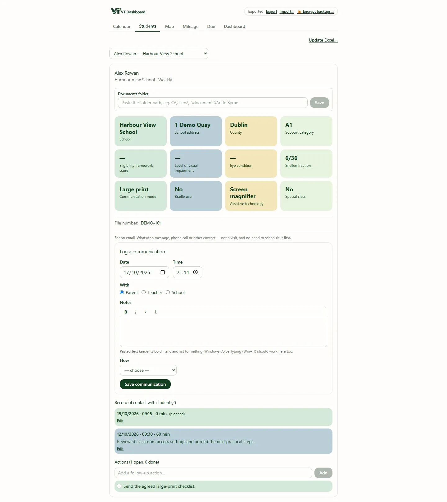 Invented pupil record with school, contact details, support categories, interactions and actions