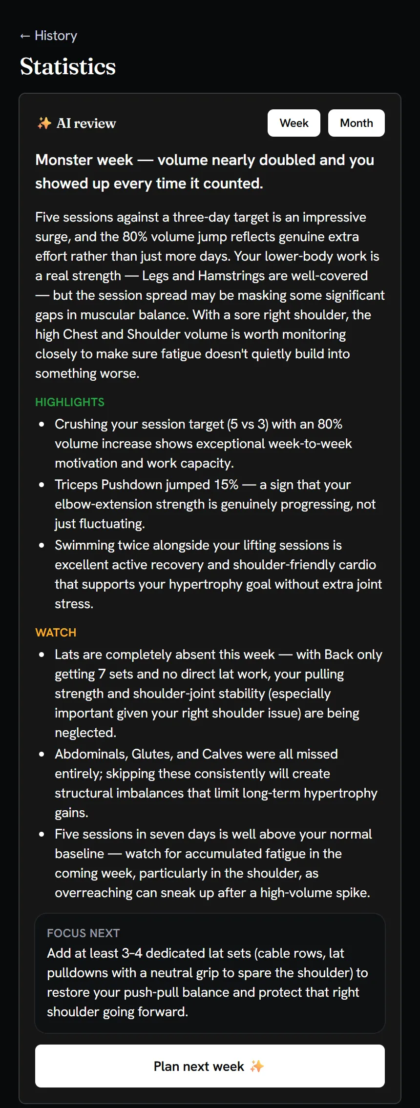 Statistics page with an AI weekly review: headline, summary, highlights, things to watch and a focus for next week
