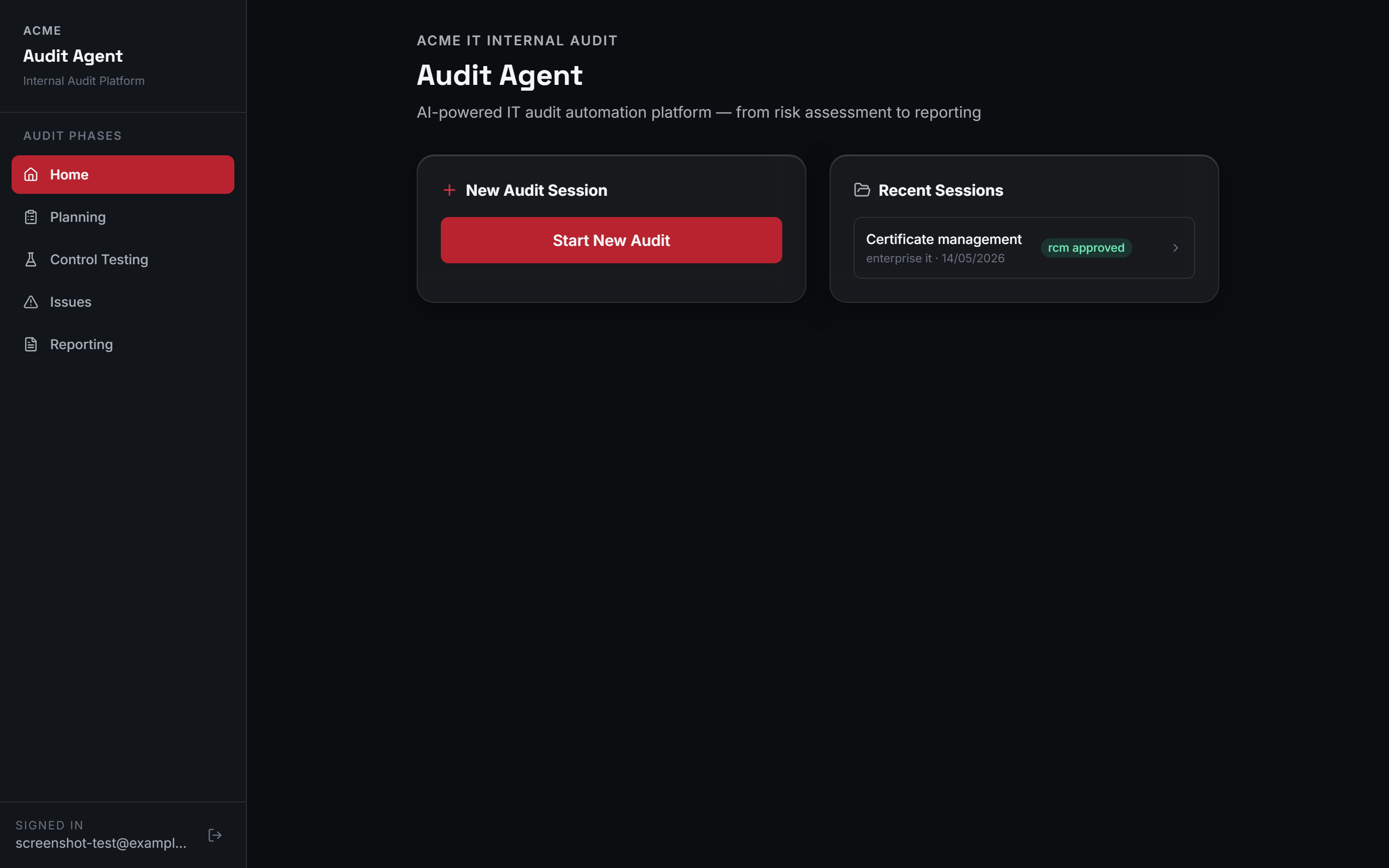 The AuditAgent home page, showing a new-session panel and a list of recent audit sessions with their approval status.