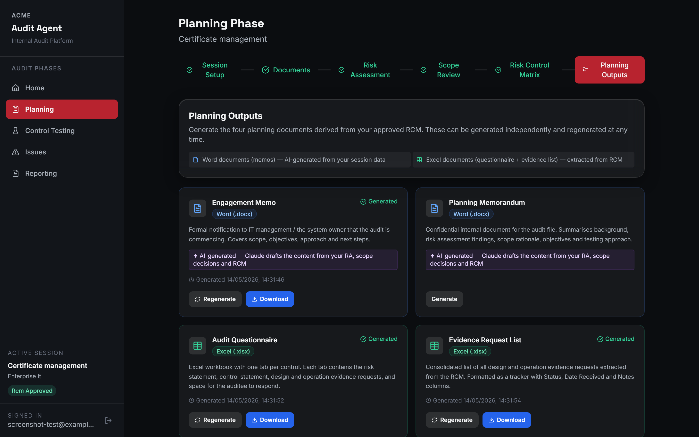 The Planning phase, showing the six-step workflow with completed steps in green, and four generated planning documents ready to download.