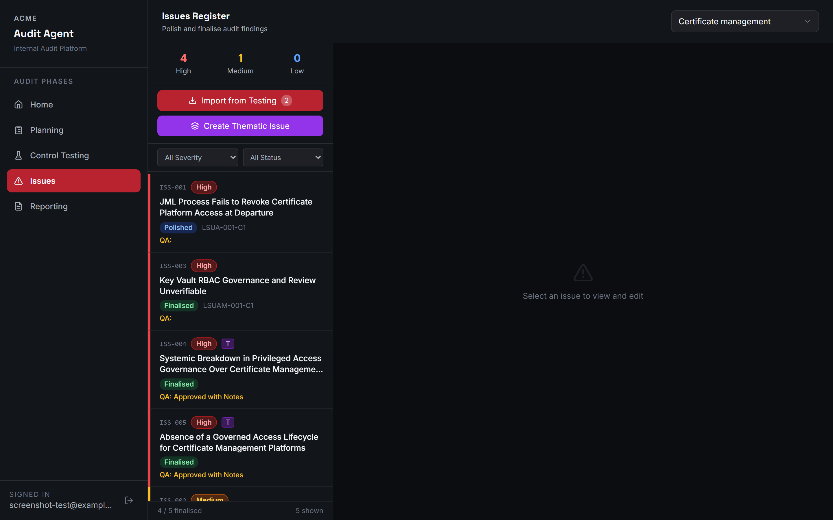 The Issues Register, showing severity counts and a thematic issue with its QA status.