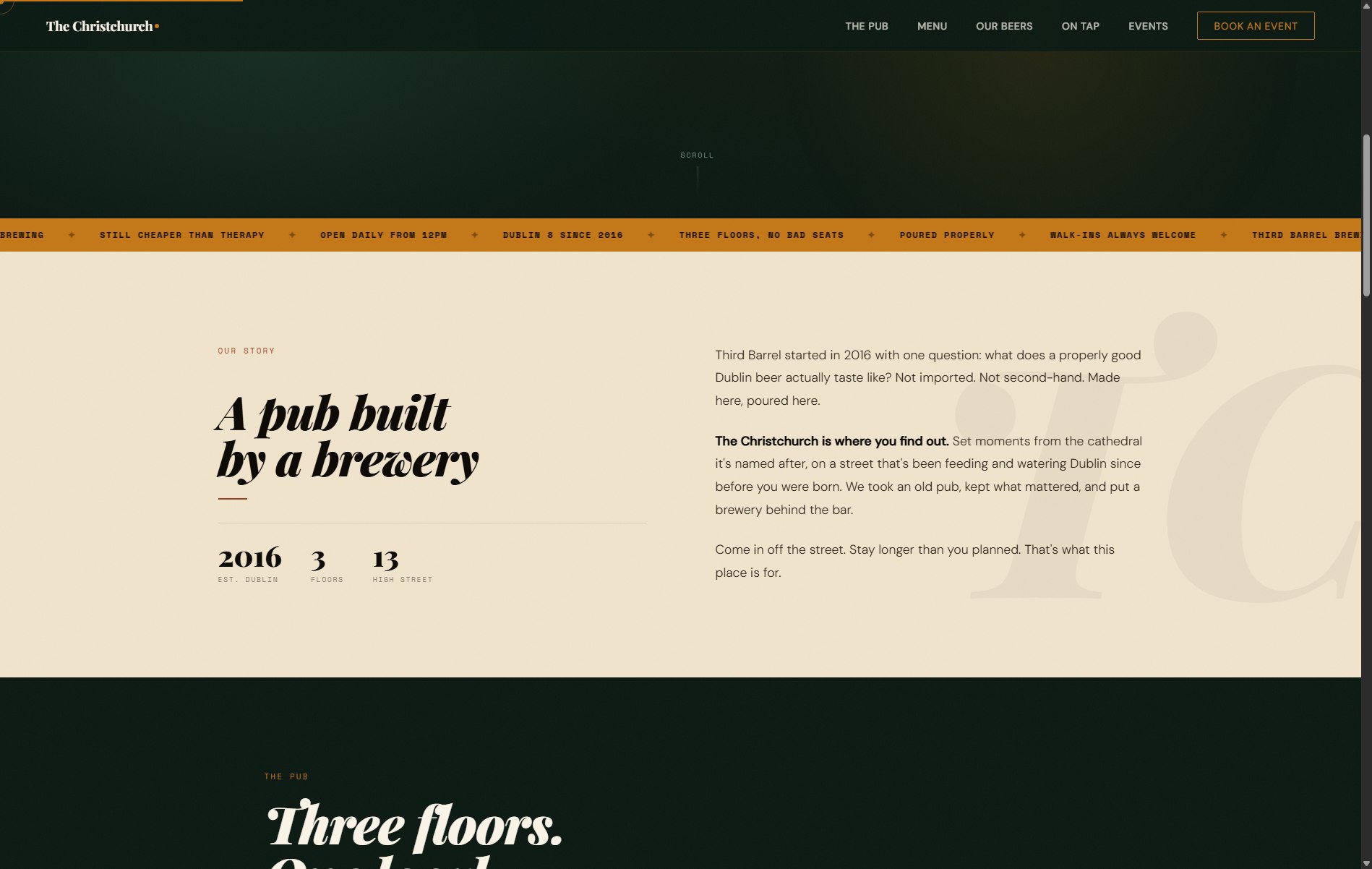 The Christchurch 'Our Story' section on a cream background, with stats reading 2016 (est. Dublin), 3 (floors) and 13 (High Street), next to the start of the 'Three floors, one local' section.