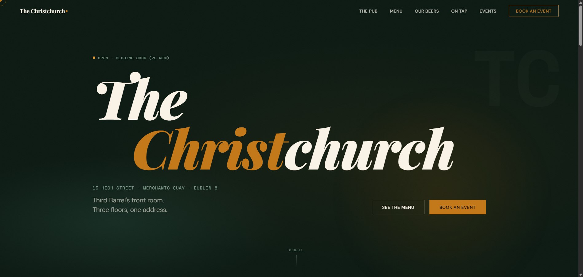 The Christchurch homepage: a dark green hero with the pub's name in large serif and script type, the High Street address, and a live open/closed status indicator.
