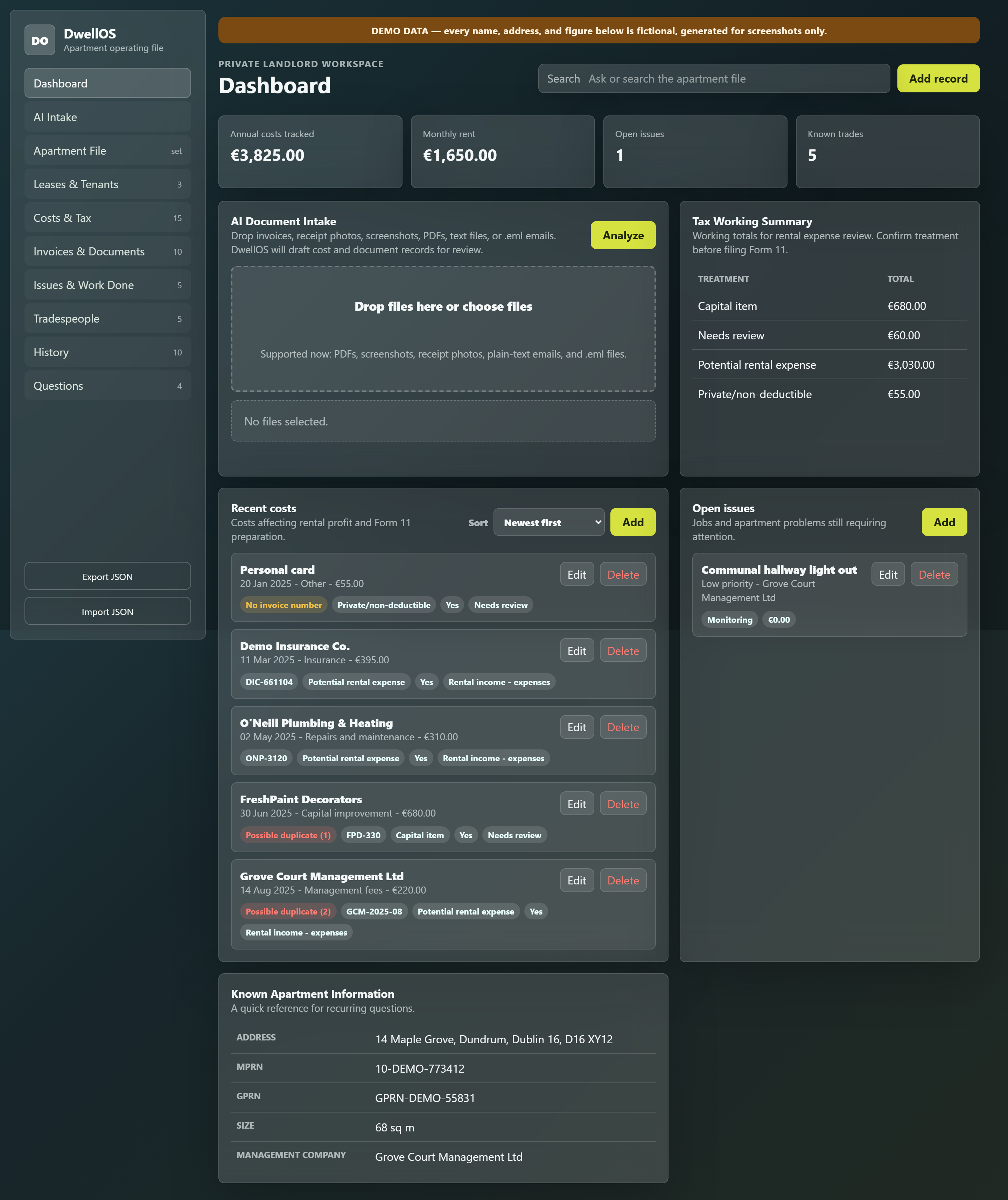 The DwellOS dashboard: summary tiles for annual costs, monthly rent, open issues and known trades, an AI Document Intake panel, a tax working summary, and recent costs and open issues lists.