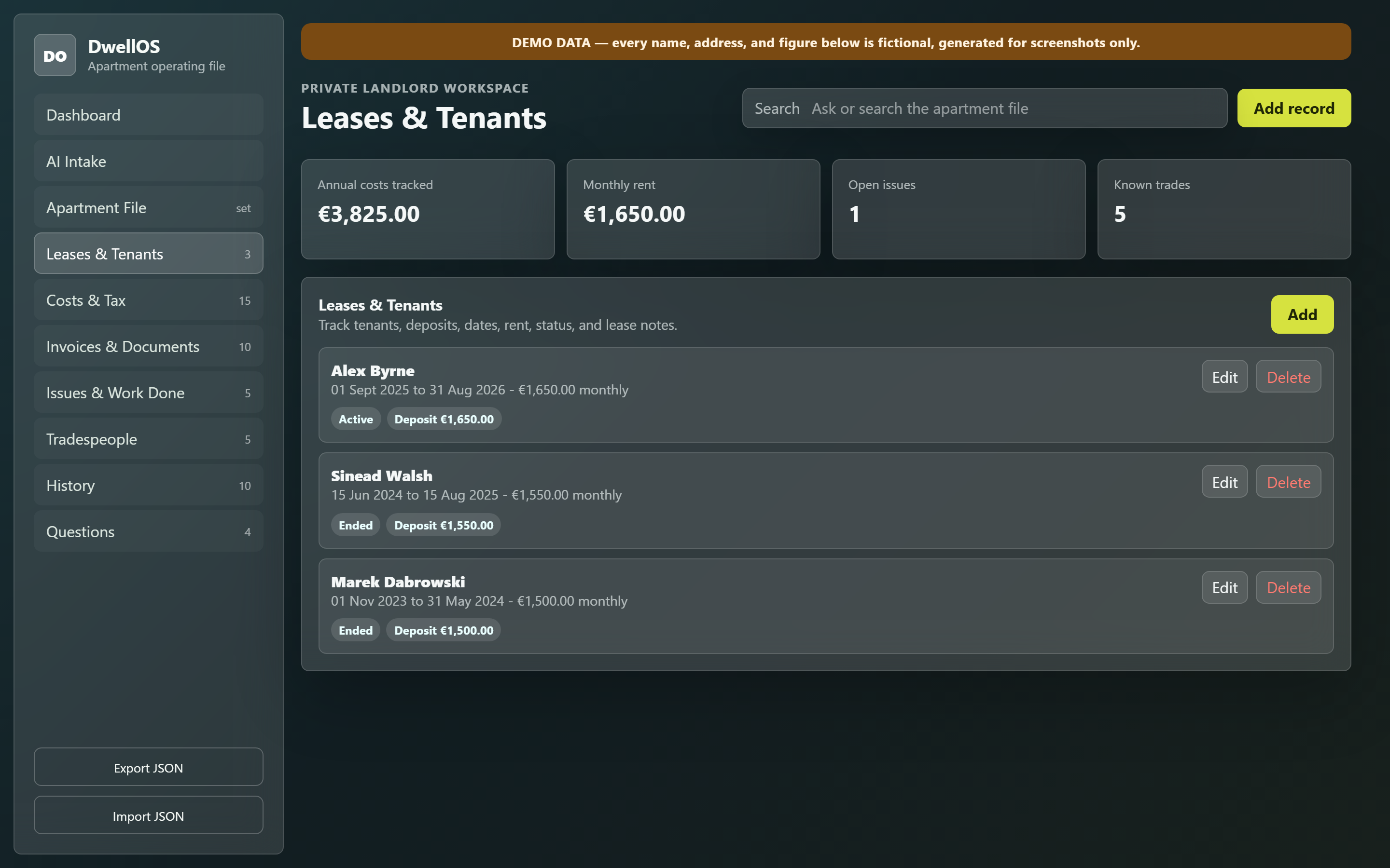 The Leases & Tenants view, showing one active tenancy and two ended tenancies, each with dates, monthly rent, and deposit.