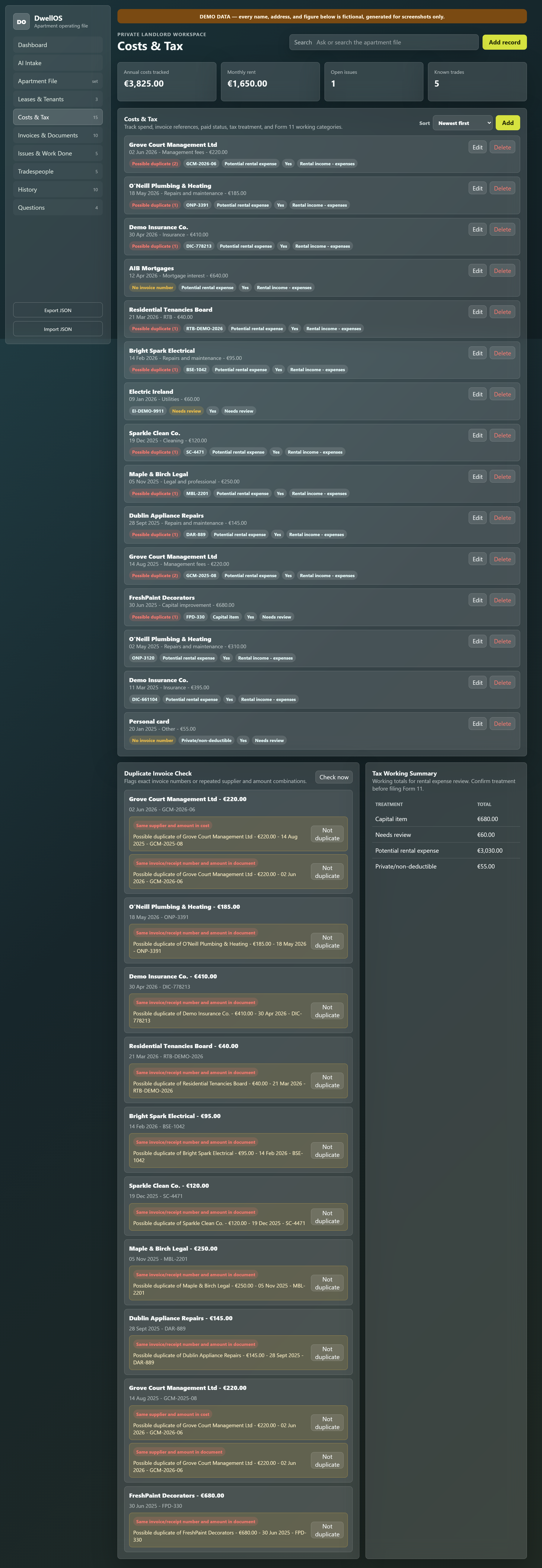 The Costs & Tax view, showing categorised costs with tax treatment tags and the Duplicate Invoice Check panel flagging a repeated quarterly management fee.