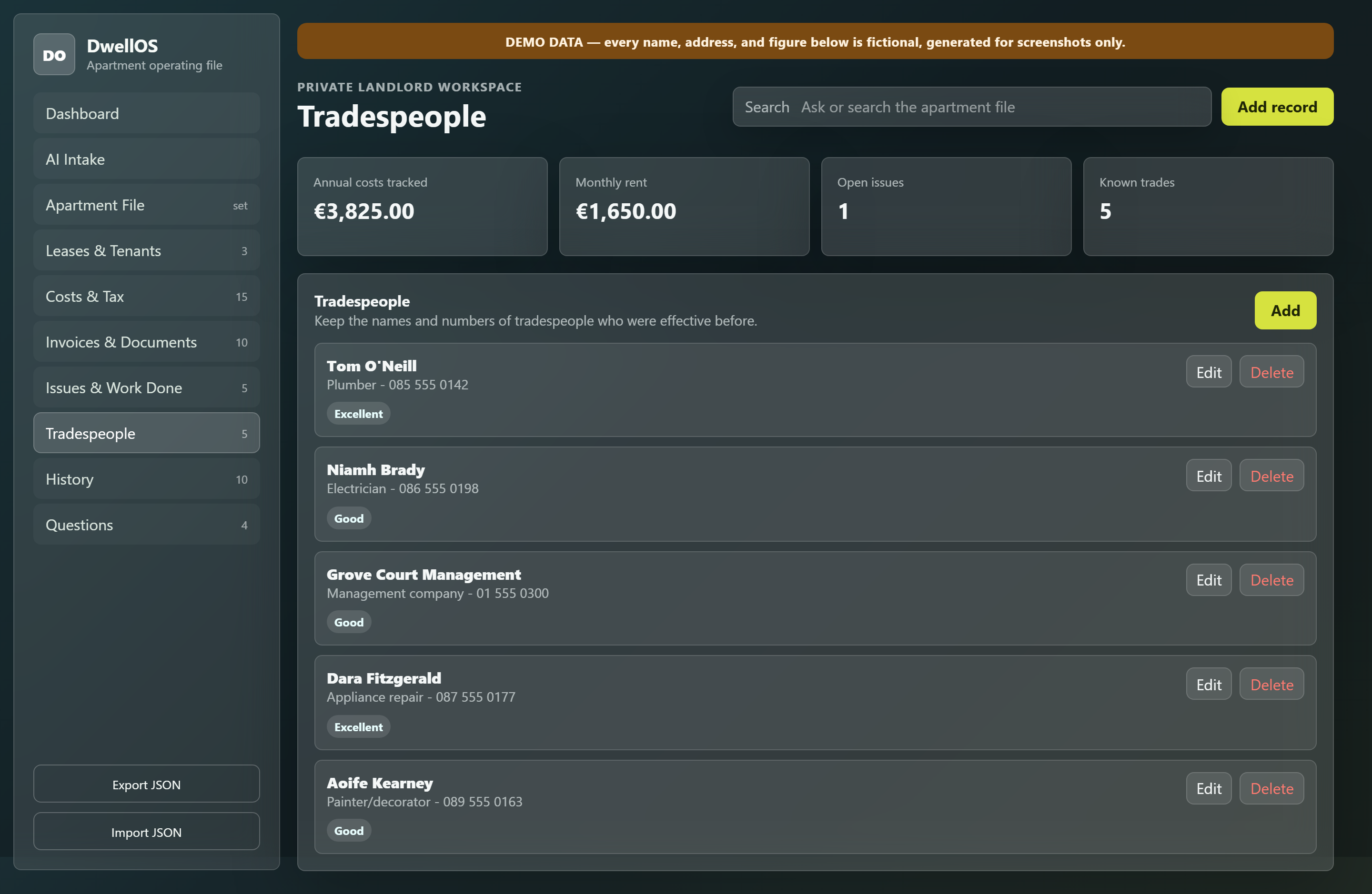 The Tradespeople view, showing a roster of contractors with trade, phone, and a rating for each.