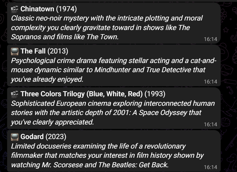 Four recommendation cards: Chinatown, The Fall, the Three Colors Trilogy, and a Godard documentary, each with a short reason tied to specific viewing history.