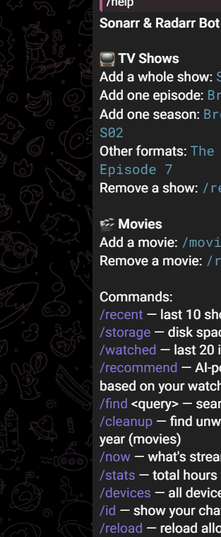 The bot's help menu, listing commands for adding and removing shows and movies, plus recent activity, storage, watch history, recommendations, natural-language search, cleanup, and live streaming status.