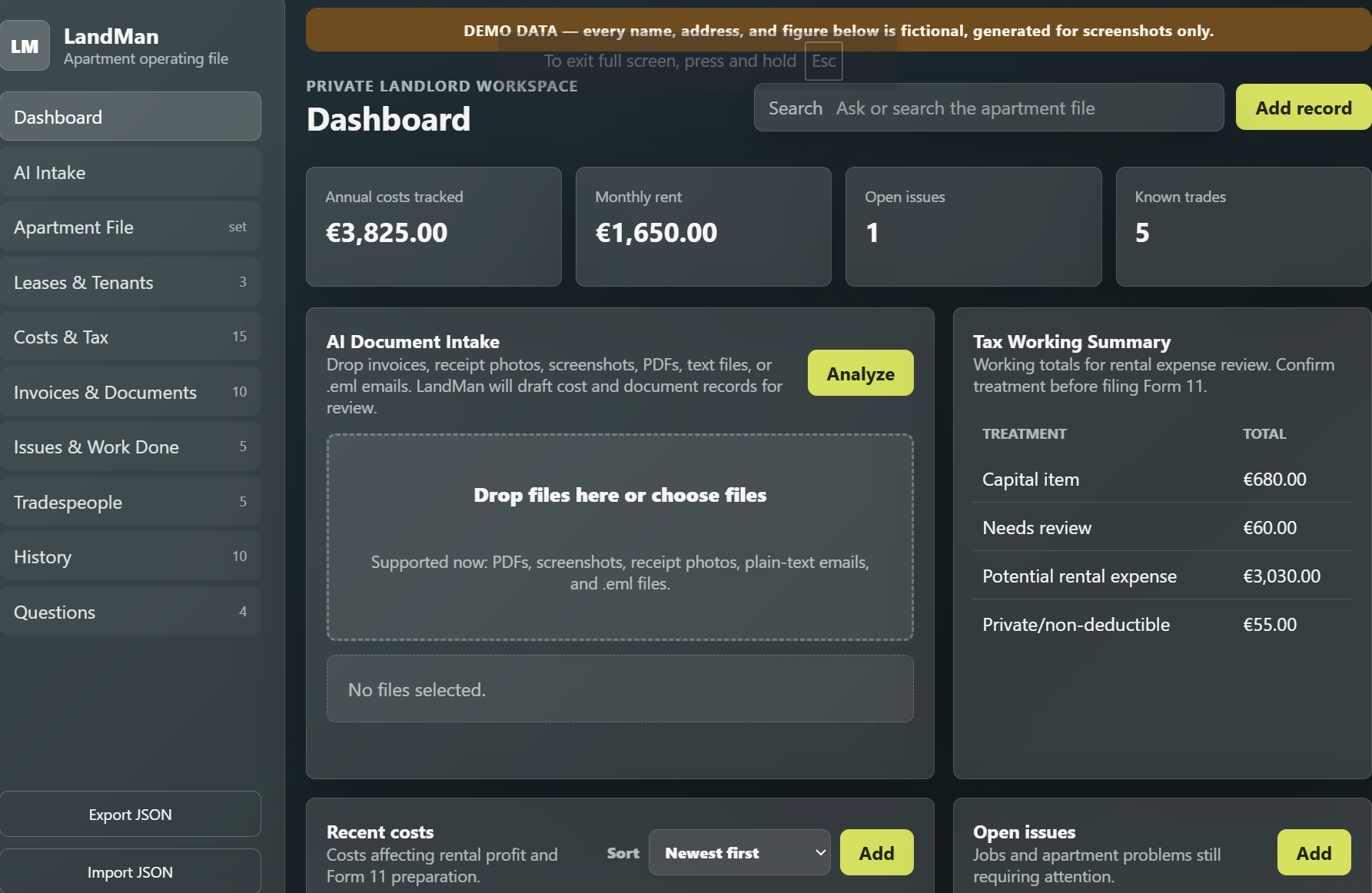 The LandMan dashboard: summary tiles for annual costs, monthly rent, open issues and known trades, an AI Document Intake panel, a tax working summary, and recent costs and open issues lists.