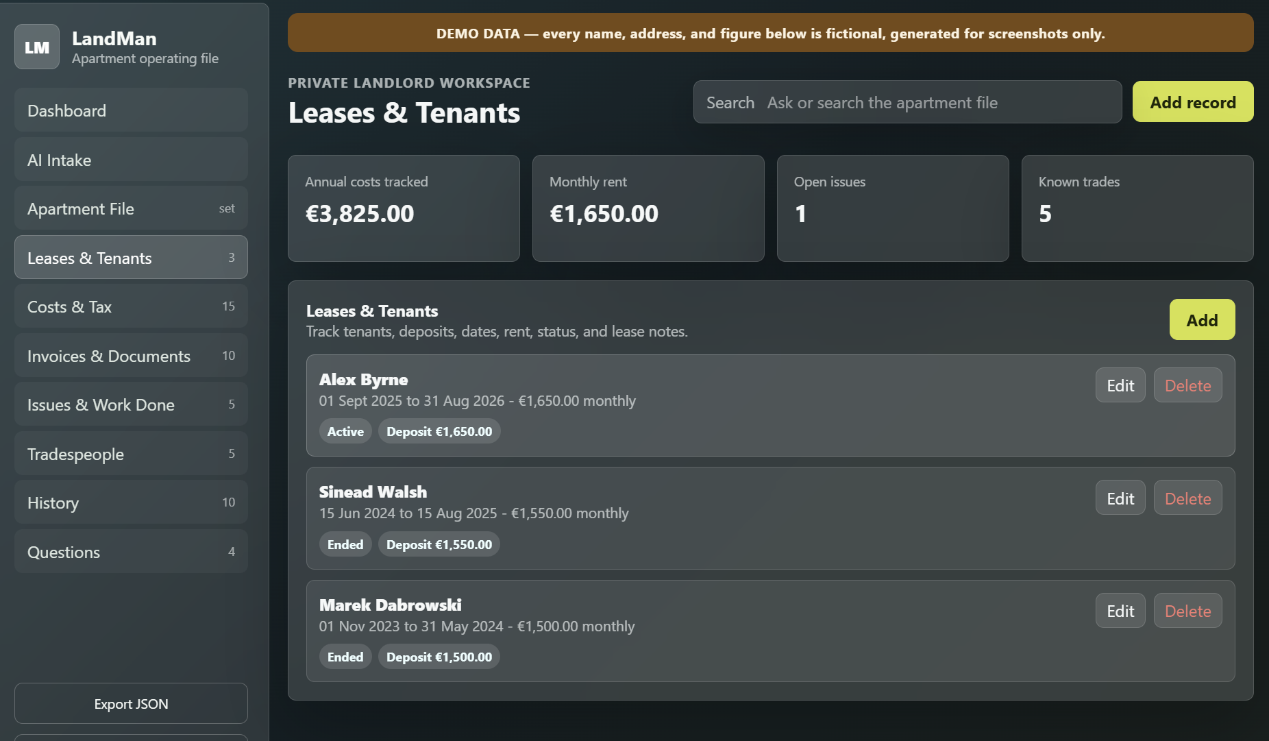 The Leases & Tenants view, showing one active tenancy and two ended tenancies, each with dates, monthly rent, and deposit.