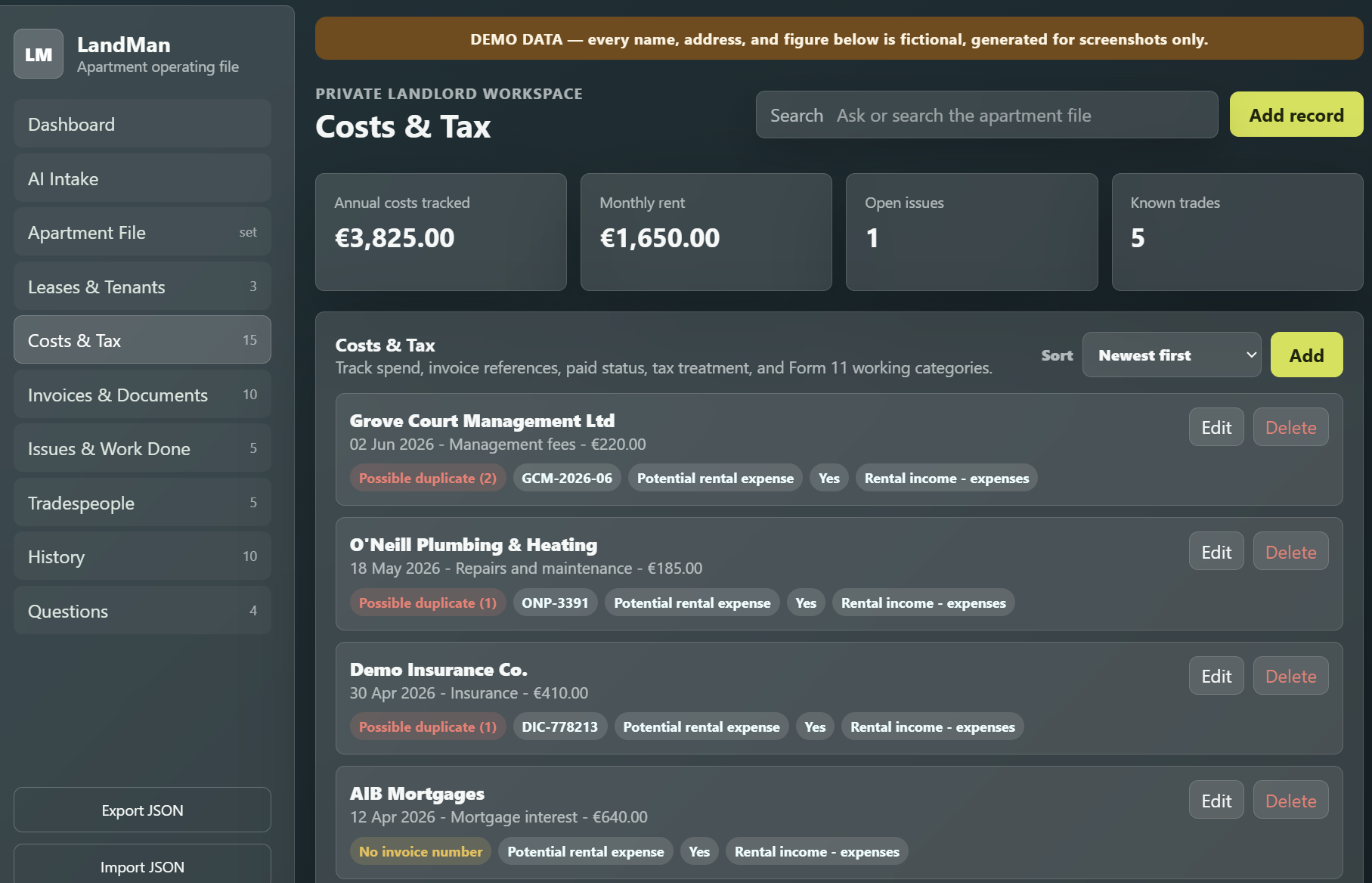 The Costs & Tax view, showing categorised costs with tax treatment tags, Form 11 box labels, and a "possible duplicate" flag on a repeated quarterly management fee.