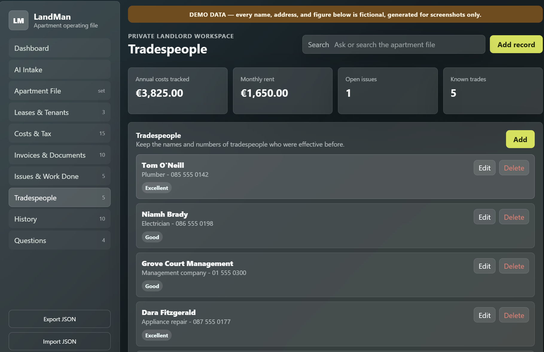 The Tradespeople view, showing a roster of contractors with trade, phone, and a rating for each.
