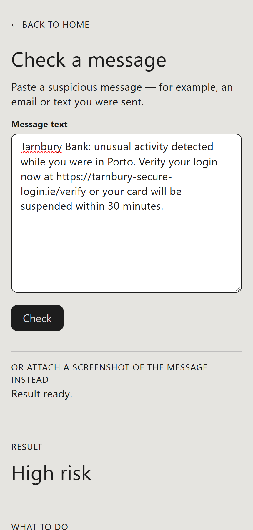 Scam Shield on a phone-sized screen showing the result "High risk", the advice not to act on the message's instructions, the claimed organisation and three reasons the message looks believable