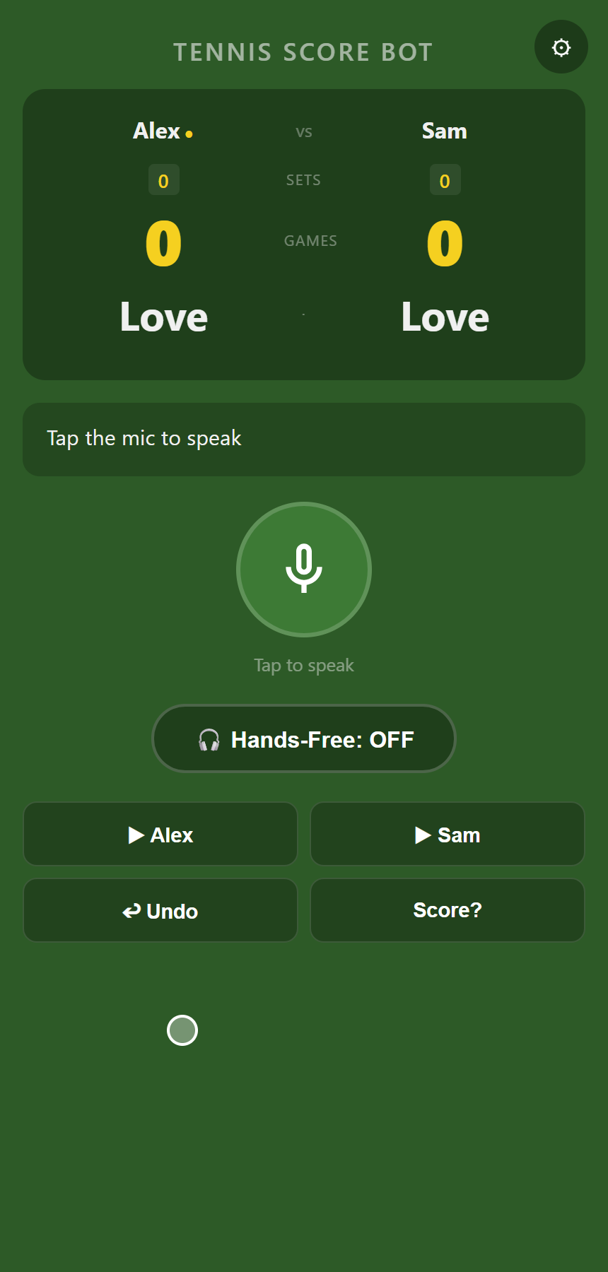 Tennis Score Bot at the start of a match: Alex and Sam, games 0-0, points Love-Love, a large microphone button, a hands-free toggle and buttons for each player, undo and score